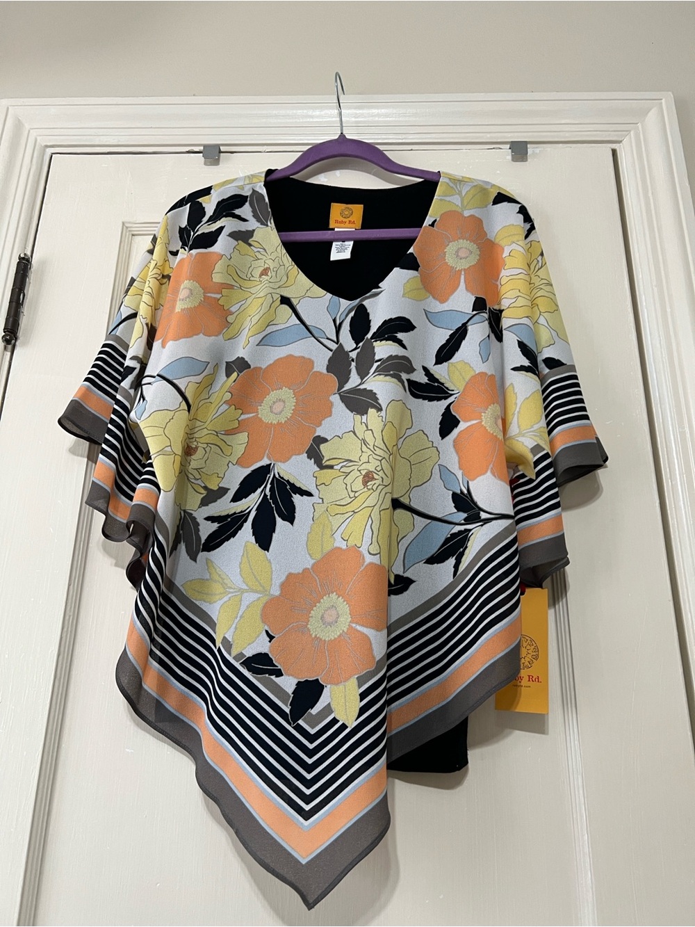 Ruby Rd. Floral V-Neck Poncho Top in Orange, Yellow & Black